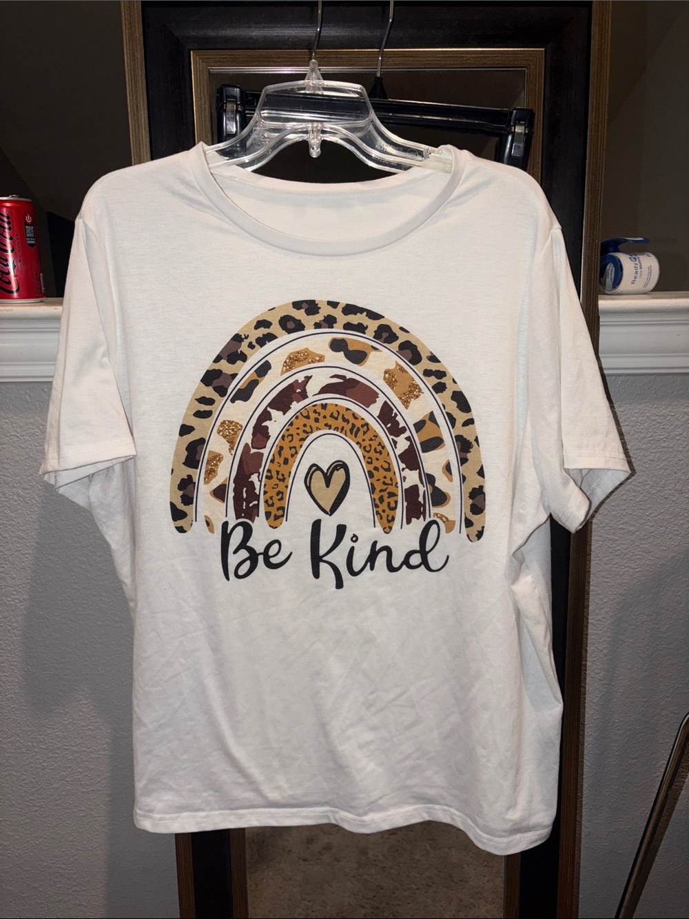 SHEIN White Short Sleeve Tee with Leopard Print Rainbow - "Be Kind"